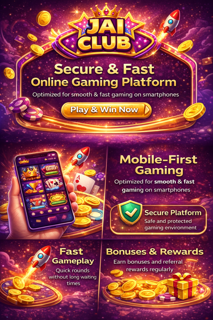 Jai Club online gaming platform about us page showing secure mobile gaming, fast gameplay, rewards and user-friendly interface